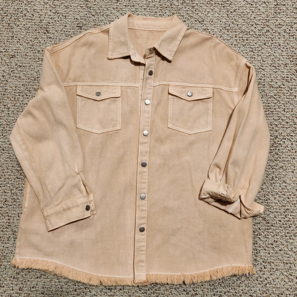 Amazon Beige Button-Up Fringed Hem Jacket - Size XL
